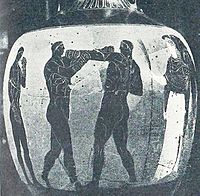 Сцена бокса, изображенная на панатенейской амфоре из Древней Греции, около 336 г. до н. э., Британский музей